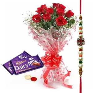 12 Red Roses with Rakh and Two Fruit n Nut Chocolates